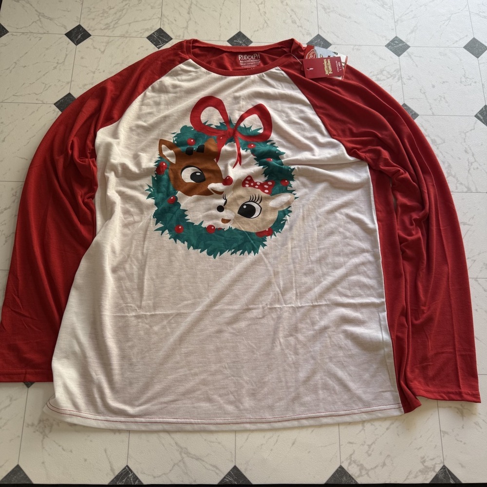 Rudolph Red Nosed Reindeer Christmas Pajama Shirt Mens Large Raglan